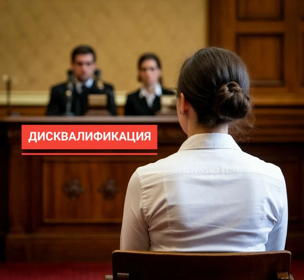 На изображении женщина в белой рубашке сидит спиной к камере в зале суда. На переднем плане надпись &laquo;Дисквалификация&raquo;