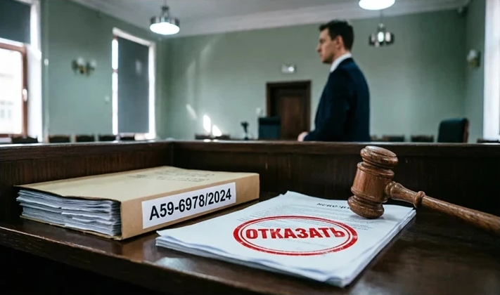 На изображении зал суда. На переднем плане молоток, папка и бумаги с надписью «ОТКАЗАТЬ». Вдали стоит человек.