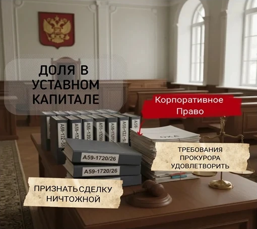 На изображении зал суда с папками и документами на столе. На папках надписи. Указаны слова: &laquo;Доля в уставном капитале&raquo;, &laquo;Корпоративное право&raquo;, &laquo;Требования прокурора удовлетворить&raquo;, &laquo;Признать сделку ничтожной&raquo;.